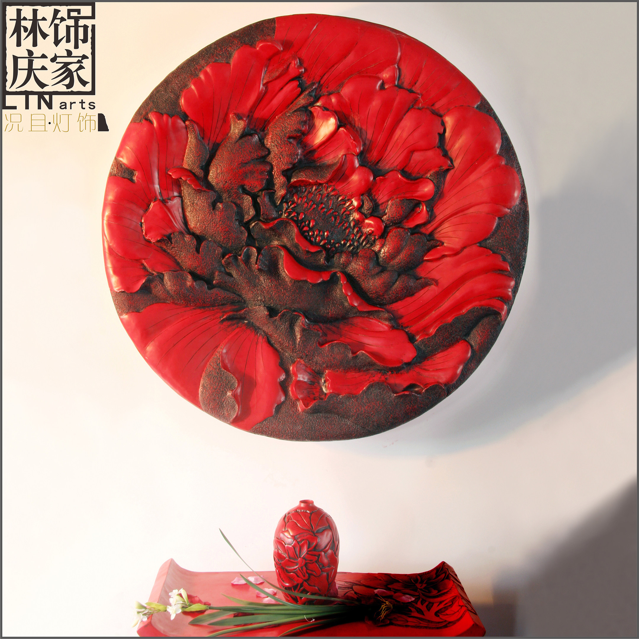 现代中式3d立体浮雕故宫红富贵牡丹圆盘壁饰壁挂沙发背景无框挂画