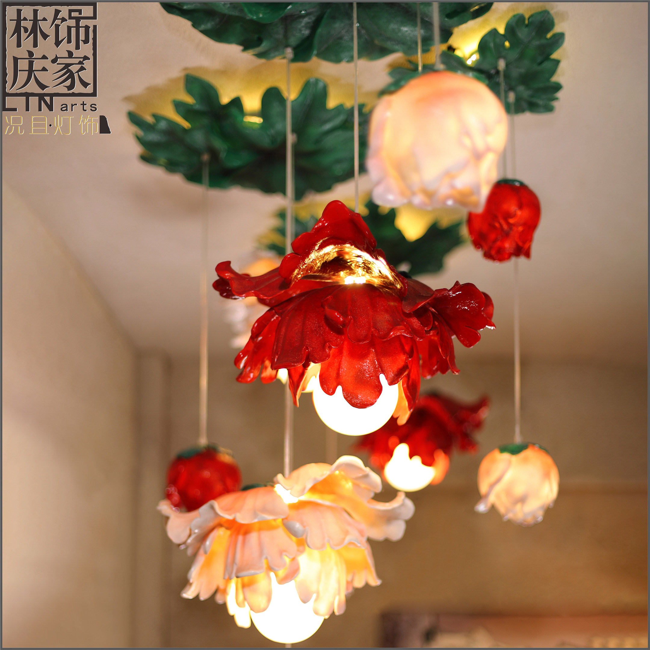 创意新中式手绘牡丹花吊灯客厅餐厅卧室婚房灯过道玄关楼梯吊顶灯