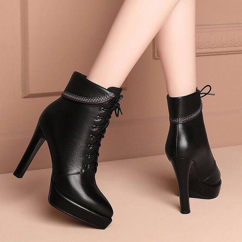 爆款韩版时尚潮流2025新款超迁短靴黑色高跟防水台跟鞋马丁靴,女鞋,马丁靴,淘宝优惠券,粉丝福利购,淘宝优惠卷