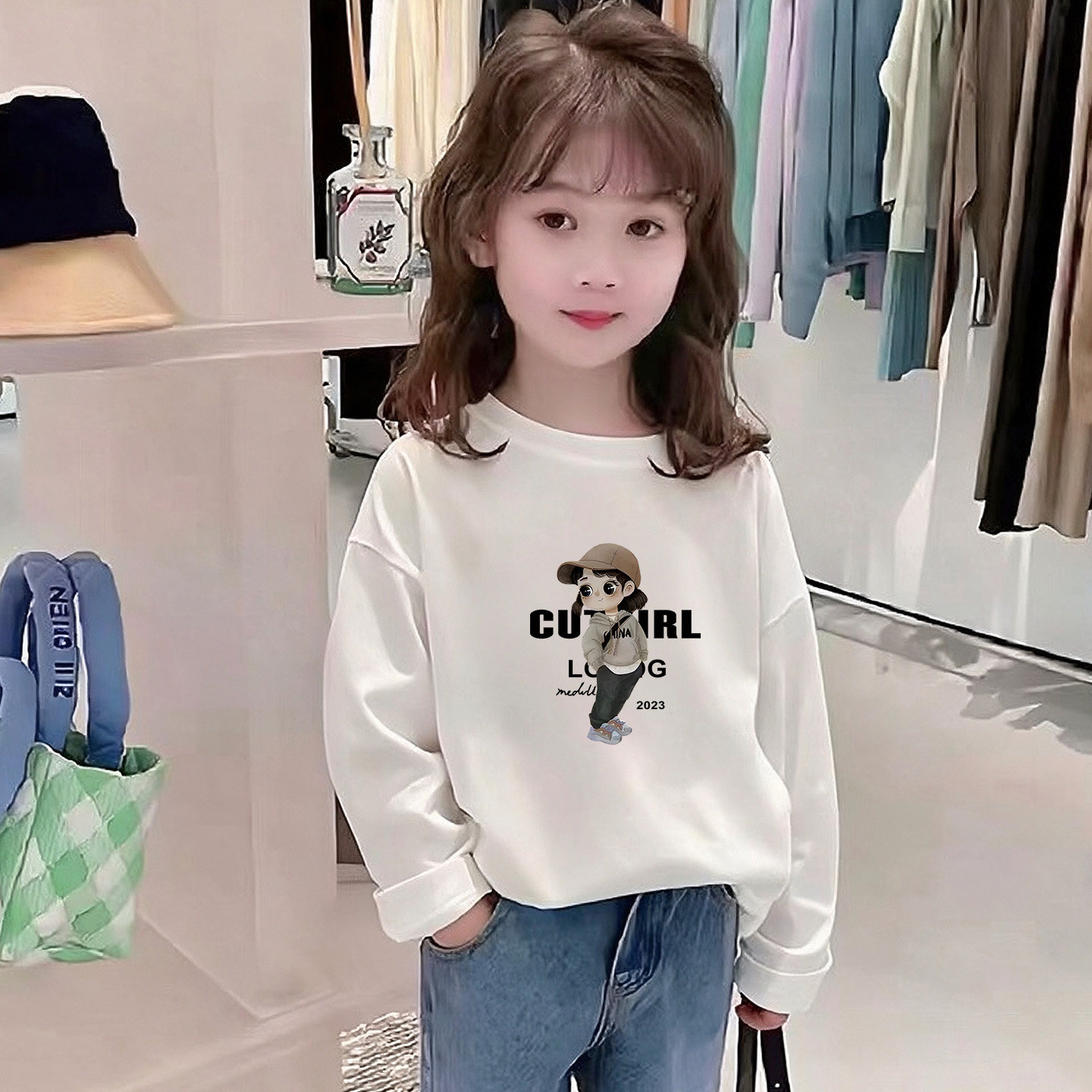 100%纯棉女童T恤春秋新款打底衫小女孩中大小儿童白色长袖上衣服
