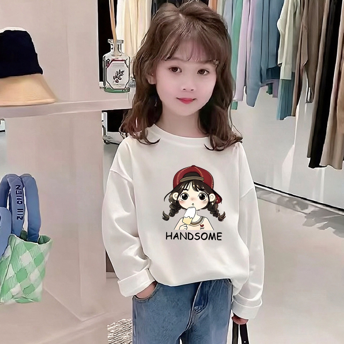 儿童纯棉T恤2026春秋潮款男女童长袖圆领上衣薄款洋气百搭打底t