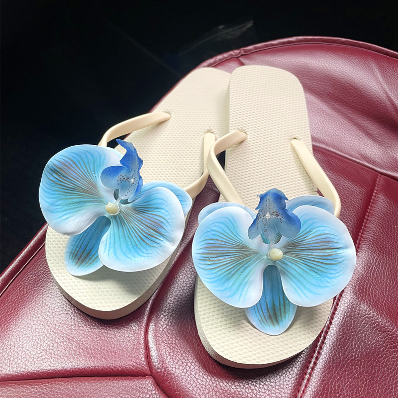 创意新款蓝色蝴蝶兰人字拖百搭女厚底外穿可爱踩屎感花朵沙滩拖鞋
