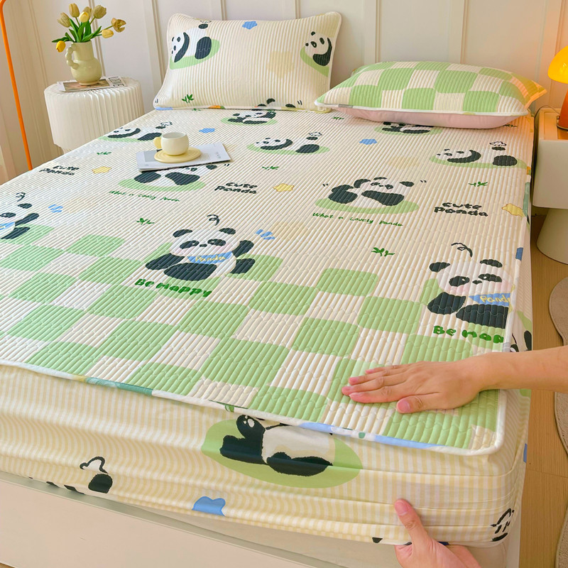 A类纯棉床笠卡通熊猫图案防滑四季通用床罩学生宿舍床垫子保护套