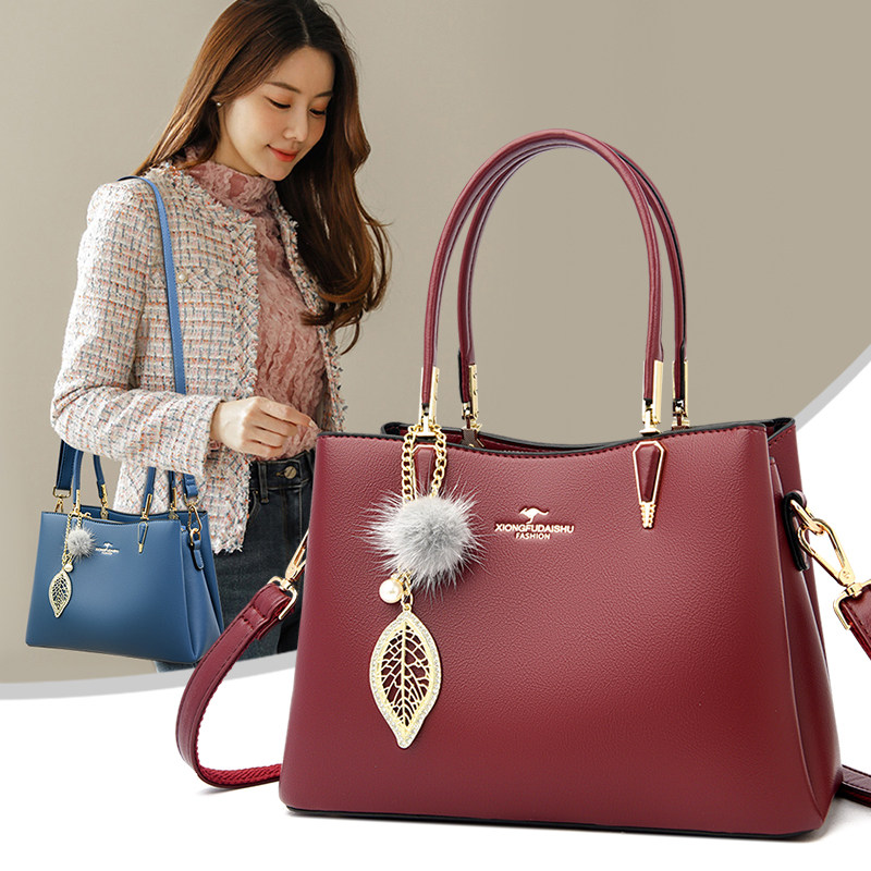 正品袋鼠真皮手提包2026新款时尚女包中年妈妈头层牛皮单肩斜跨包