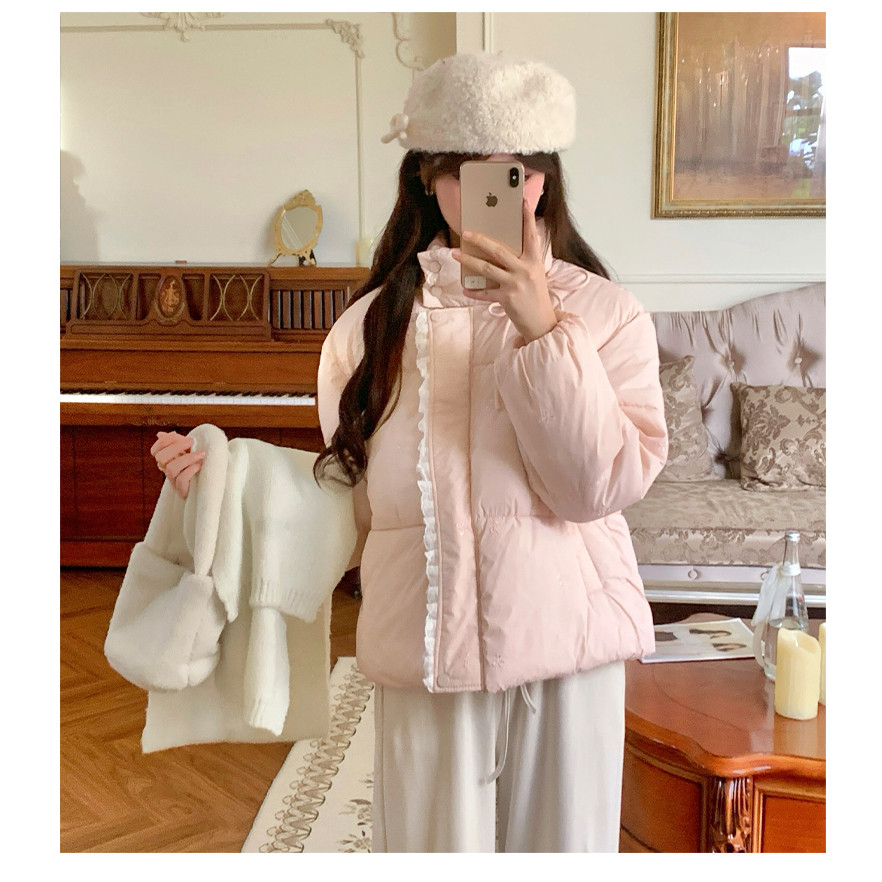 蕾丝拼接棉服外套女冬季韩系休闲高级感粉色蝴蝶结系带棉衣棉袄
