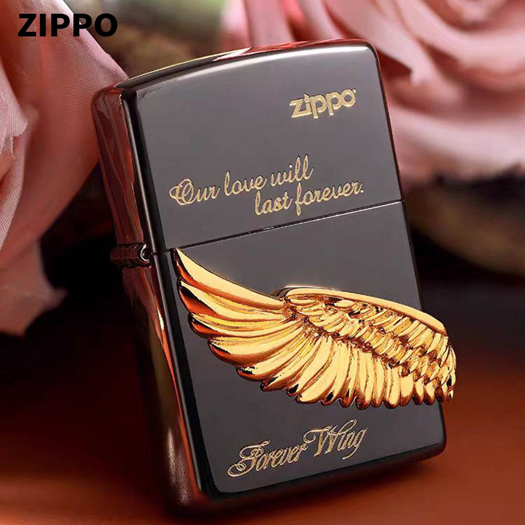 Zippo芝宝正品打火机永恒的爱天使之翼黑金个性礼物煤油砂轮