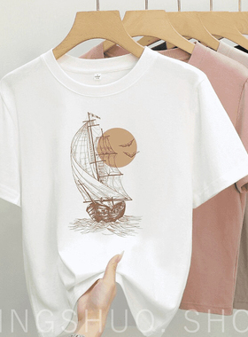 短袖T恤2025年夏印花男女白色宽松半袖上衣百搭100%纯棉正肩潮流