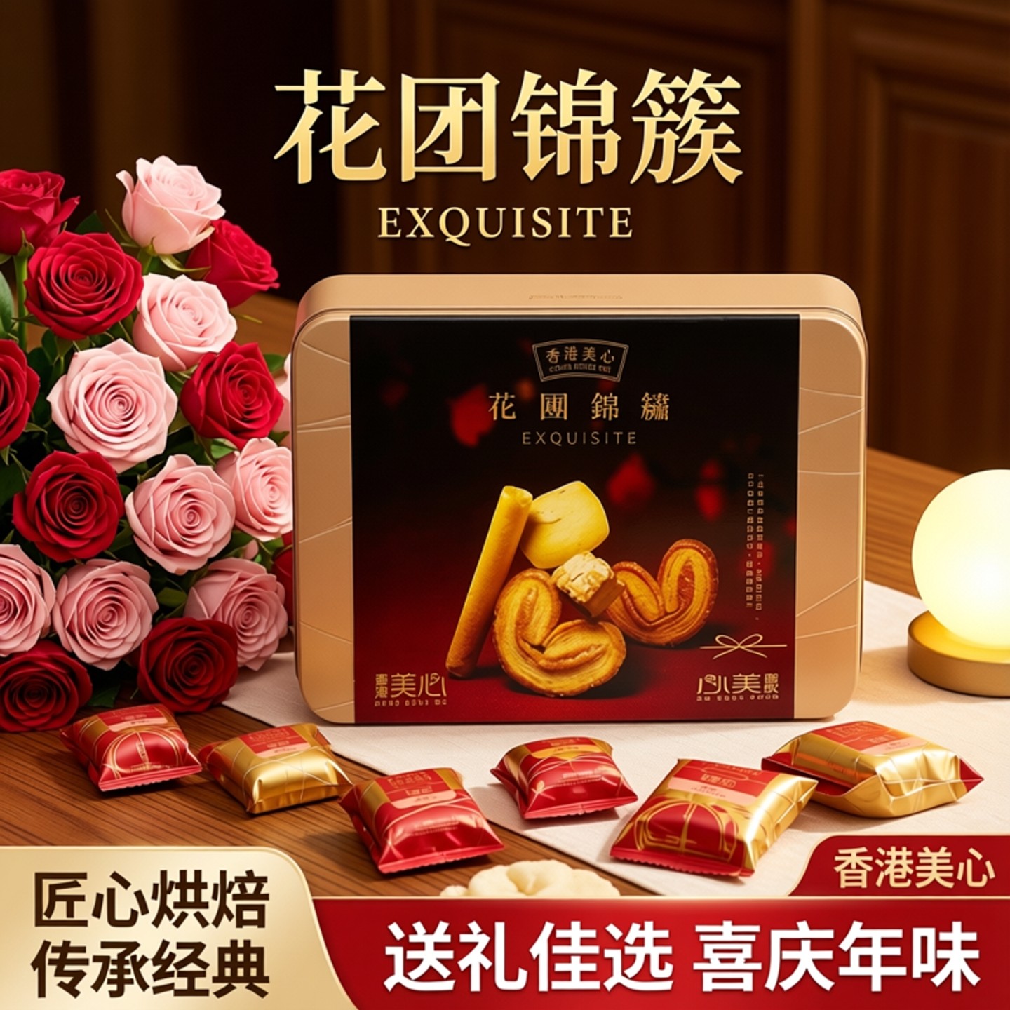 香港美心曲奇饼干糕点甜心果仁酥蛋卷花团锦绣礼盒零食送礼品年货