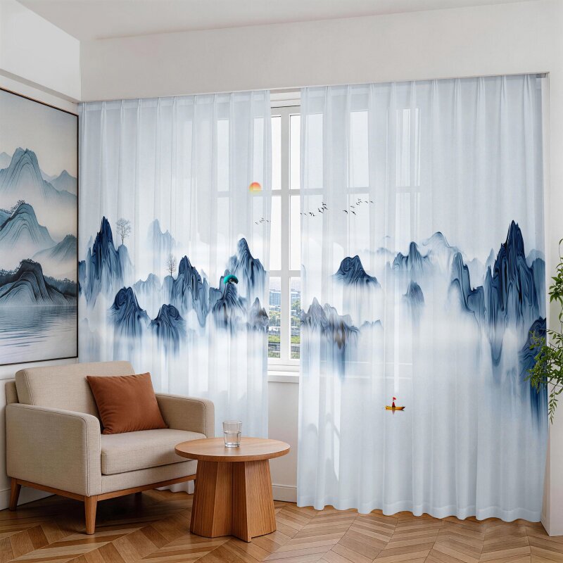新中式纱帘禅意山水墨风景画中国风古典茶室窗帘遮阳卧室客厅隔断
