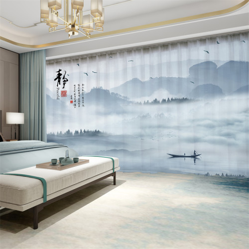 山水画窗帘新中式靠山图风景纱帘
