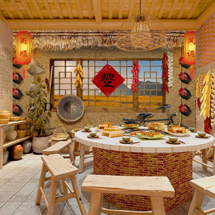 3D农村土墙茅草屋墙纸农家乐壁纸餐饮饭店装饰壁画土菜馆背景墙布