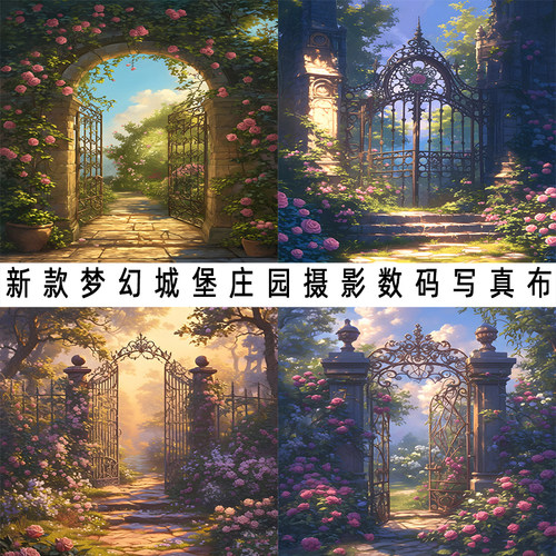 梦幻城堡庄园公主鲜花背景布拍照