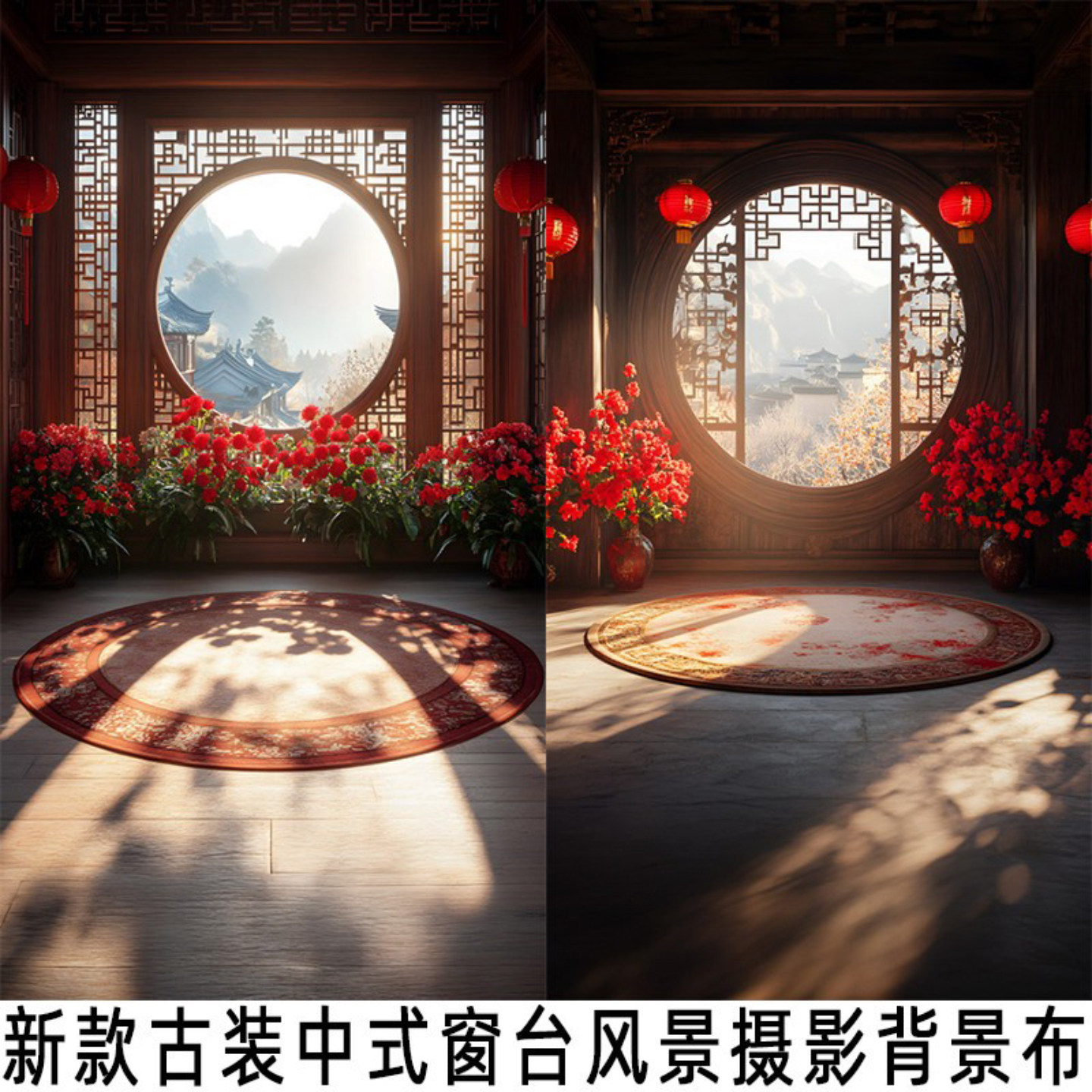 新中式古装窗台风景影楼背景布