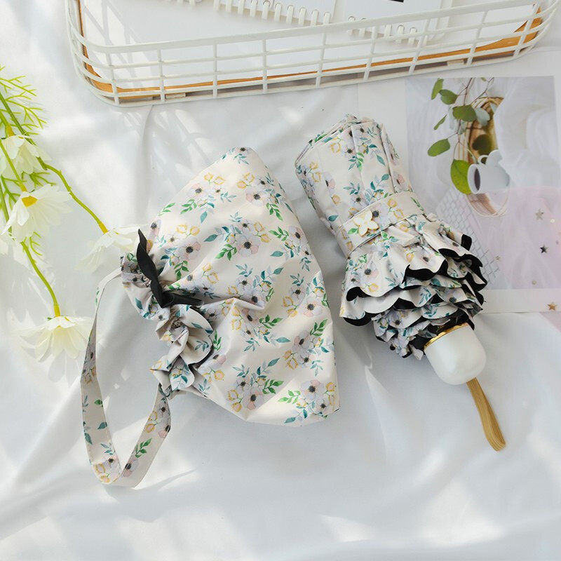 日系碎花蕾丝黑胶五折伞折叠晴雨两用太阳伞防紫外线女防晒遮阳伞