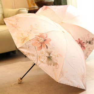 中国风双层黑胶防晒伞双面印花朵三折叠遮阳伞晴雨伞太阳伞遮阳伞