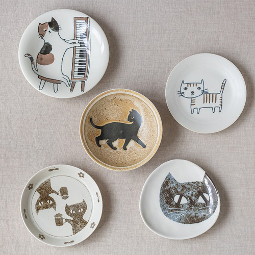 日本进口美浓烧釉下彩卡通猫咪小平盘碟子日式点心盘甜品盘小菜盘