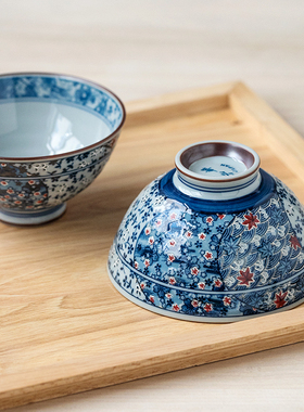 日本进口美浓烧复古蓝色小碎花米饭碗日式陶瓷家用小碗粥碗早餐碗