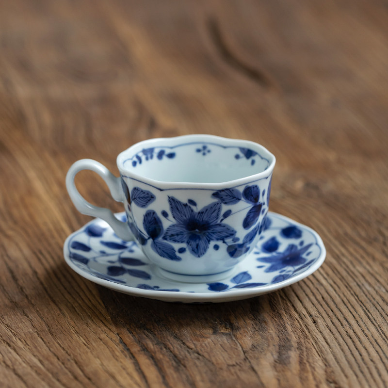 日本进口蓝凛堂咖啡杯套装釉下彩蓝白青花瓷杯日式下午茶杯带碟