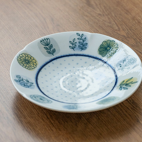 日本进口千代源釉下彩陶瓷餐盘及时花卉大深盘平盘家用炒菜盘冷盘