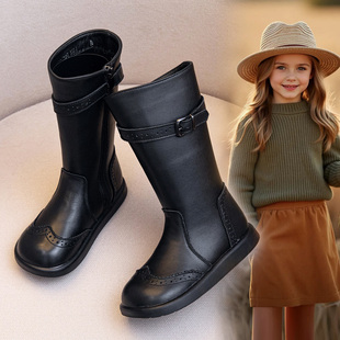 女童长筒靴2025秋冬新款儿童高筒靴加绒公主皮靴女宝真皮马丁童靴