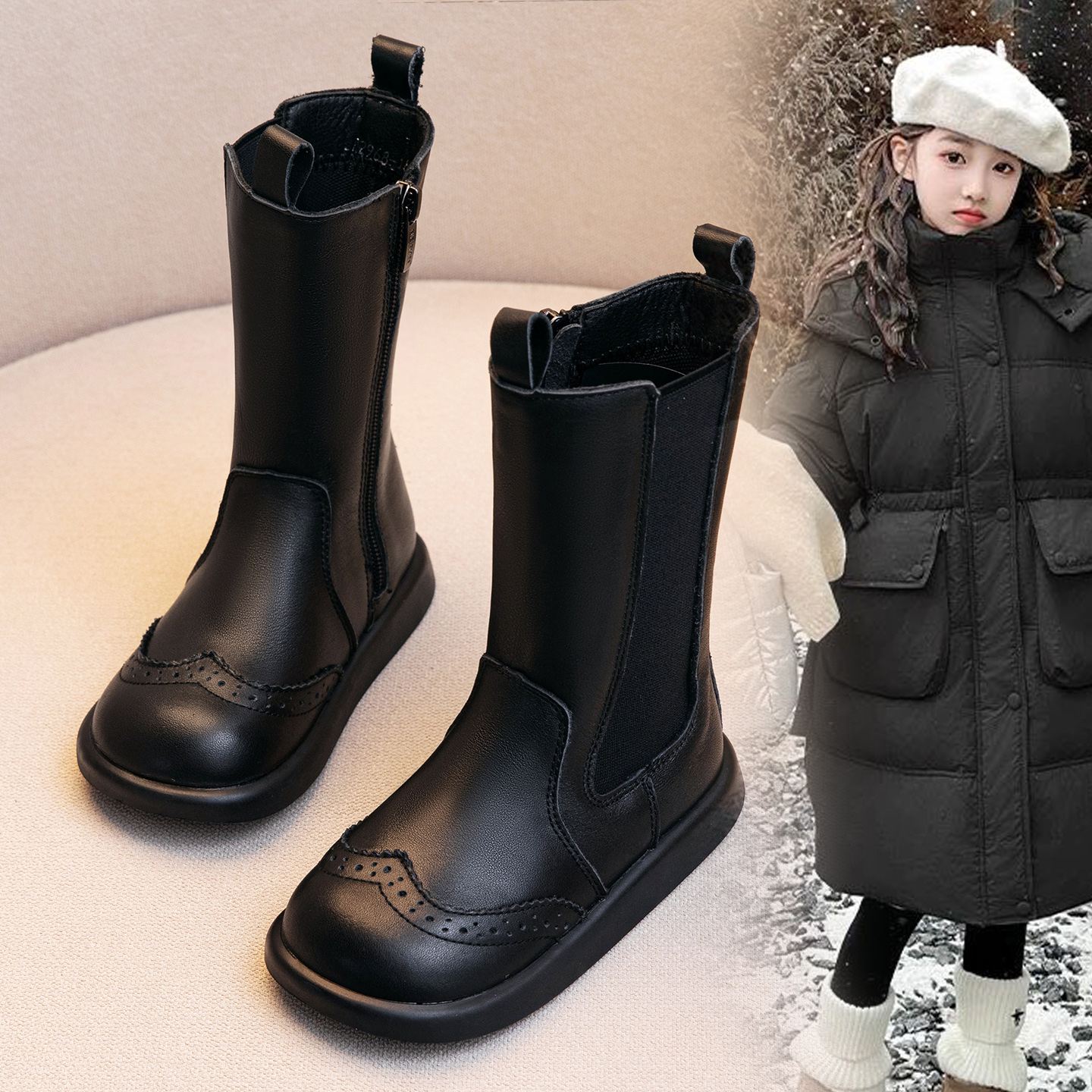 儿童真皮高筒靴加绒女童长筒靴