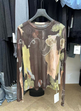 2026年春季新款韩版设计感小众晕染撞色圆领长袖网纱T恤上衣女潮