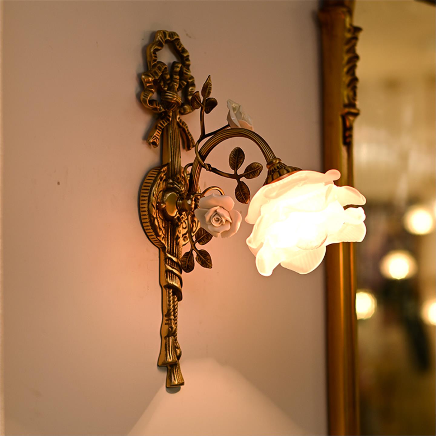 法式复古全铜壁灯美式田园宫廷欧式陶瓷花朵客厅背景墙氛围卧室灯