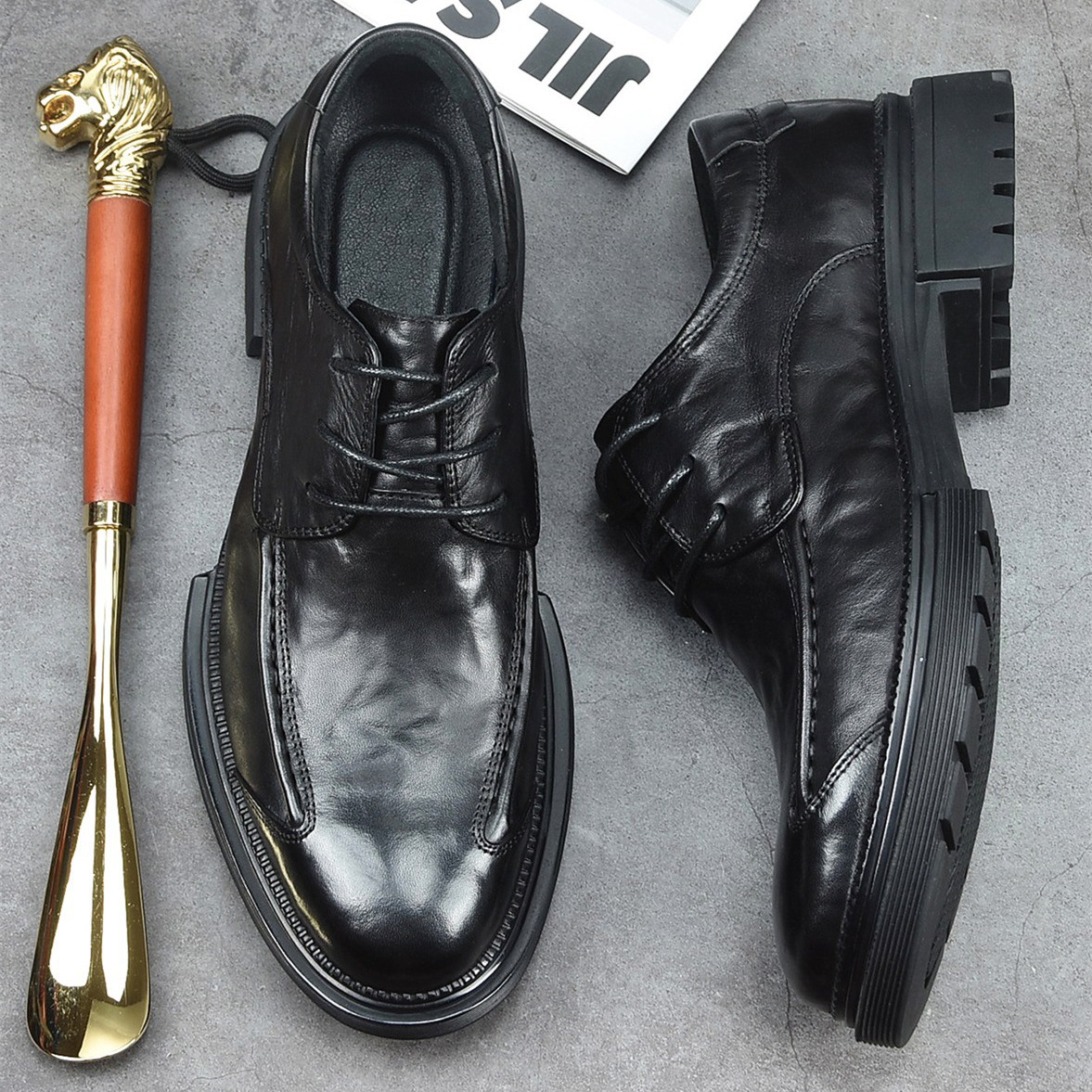 男士休闲皮鞋秋季商务正装男鞋英伦风系带牛皮鞋软底软皮真皮皮鞋