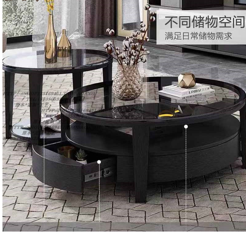现代简约个性大小圆形钢化玻璃茶几北欧客厅实木整装茶桌组合