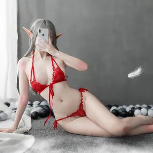 内衣女式透视水溶蕾丝绑带三点式开档免脱碎花睡裙性感诱惑