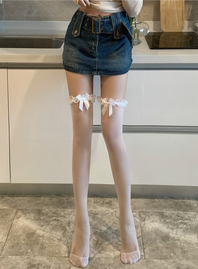 白色蝴蝶结袜子女夏季薄款蕾花边过膝袜黑色性感纯欲大腿长筒袜
