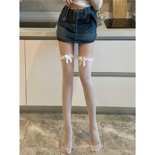 白色蝴蝶结袜子女夏季薄款蕾花边过膝袜黑色性感纯欲大腿长筒袜