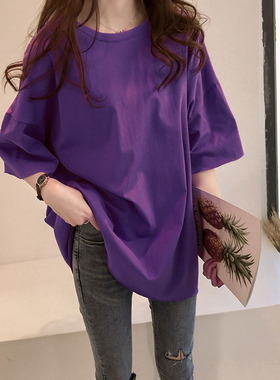 韩版夏季加大码女装胖mm200斤宽松中长款短袖T恤纯棉紫色显瘦半袖