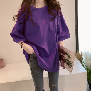 女装 加大码 胖mm200斤宽松中长款 短袖 韩版 T恤纯棉紫色显瘦半袖 夏季