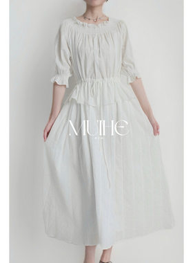 法式白色连衣裙女夏季纯棉系带显瘦收腰一字肩白月光轻盈宽松长裙