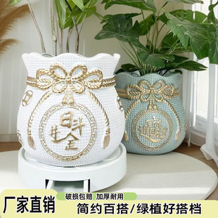 树脂花盆高级感大号福袋花盆黑金刚橡皮树发财树绿植圆形创意花盆