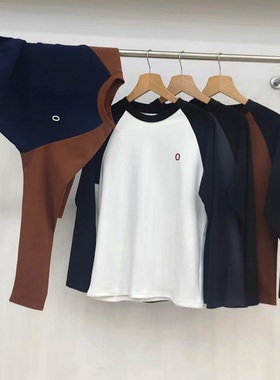 外贸原单自发热德绒撞色插肩刺绣圆领套头打底衫情侣长袖T恤0749