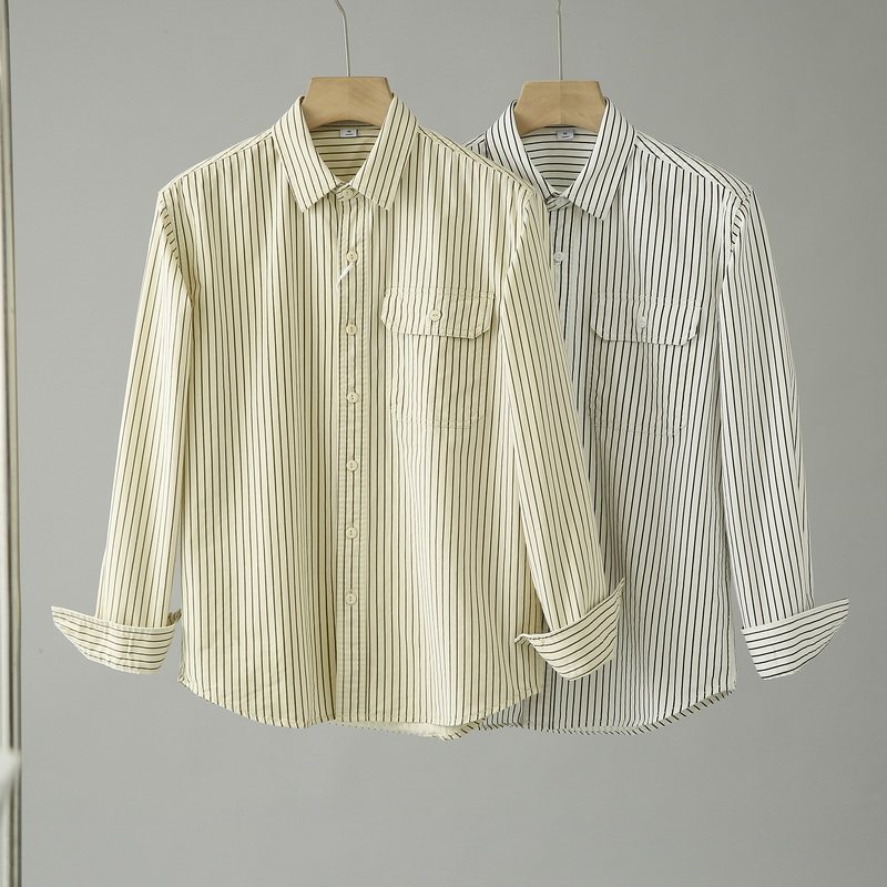 外贸原单复古港风全棉水洗宽松休闲翻领长袖条纹衬衣男春秋衬衫潮