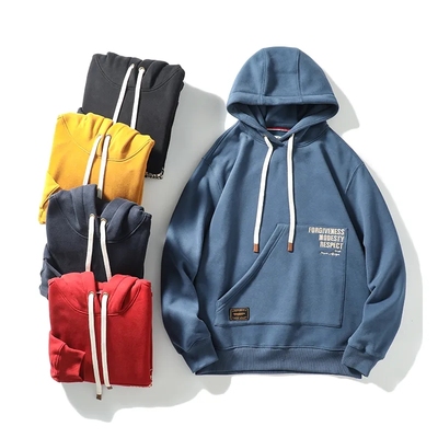 纯棉一体抓绒休闲连帽套头卫衣男