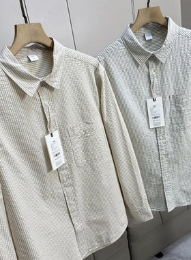 全棉水洗休闲翻领长袖条纹衬衫男