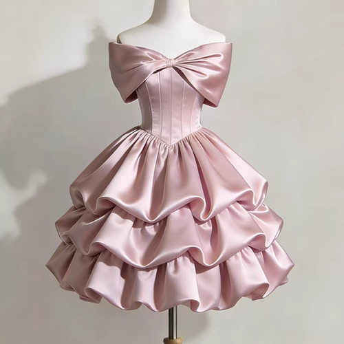 粉色一字肩短款晚礼服女学生日成人礼订婚名媛派对公主裙年会主持