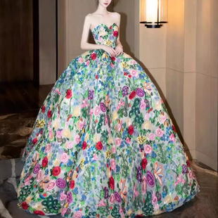 莫奈花园影楼主题拍照婚纱公主裙抹胸宫廷风彩纱婚纱晚礼服蓬蓬裙