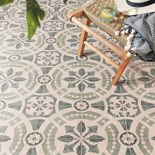 复古绿色花砖厨房卫生间浴室阳台露台地砖民宿咖啡厅服装 店瓷砖
