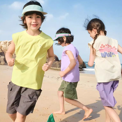 夏季儿童短袖冰丝T恤背心无袖速干透气防晒短袖t恤大童运动套装