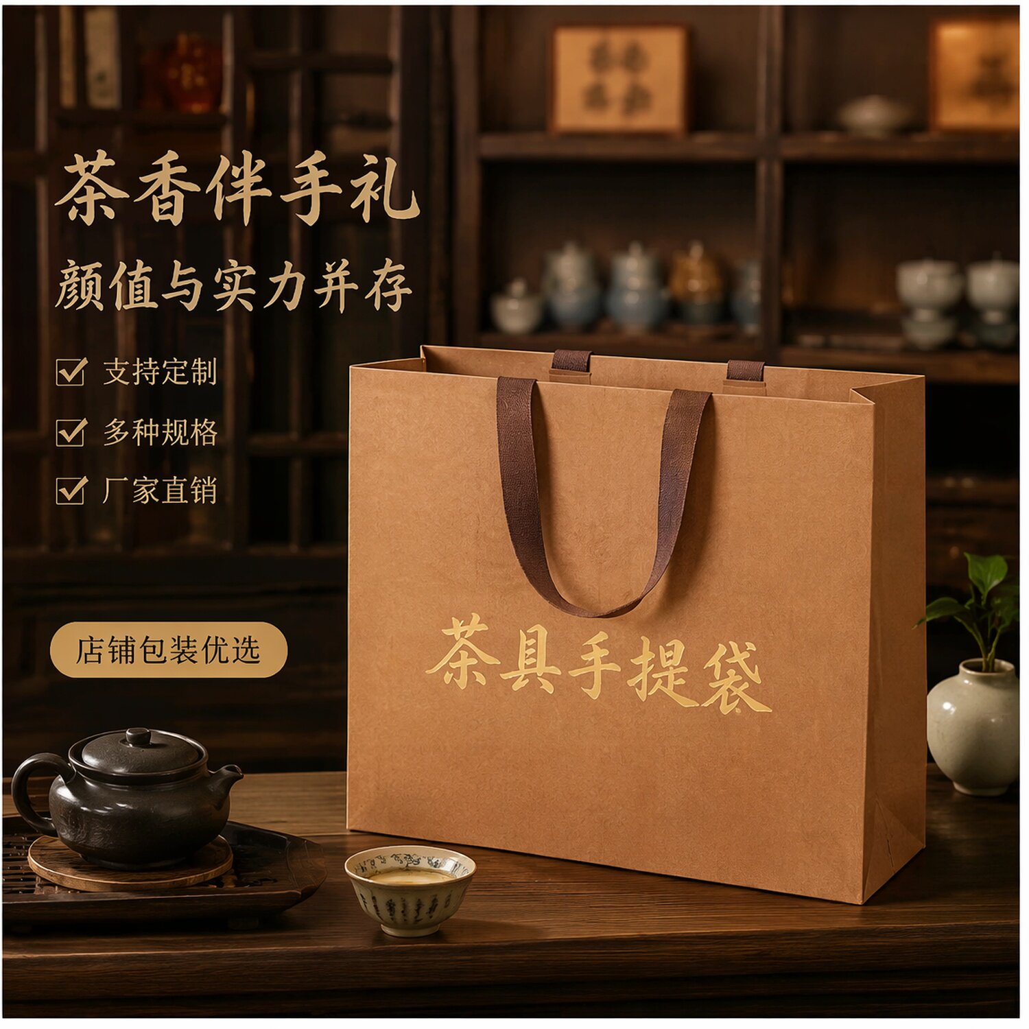 茶具瓷器店纸袋手提袋可定制高档茶叶包装袋手提式手拎袋伴手礼袋