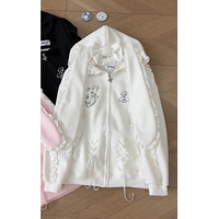 A cute large-eared lace patchwork bow hooded zipper hoodie for women, a loose white schoolgirl style coat thumbnail 3