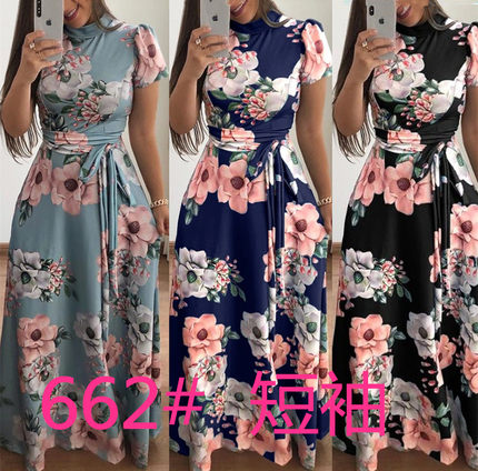662#亚马逊爆款欧美热卖2019年秋冬休闲印花绑带长裙连衣裙女装