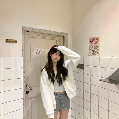 李宁lining卫衣2025新款秋季外套白色女款圆领长袖薄款开衫连帽