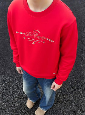 李宁2026马年新年日进斗金系列红色宽松圆领运动舒适卫衣AWDW106