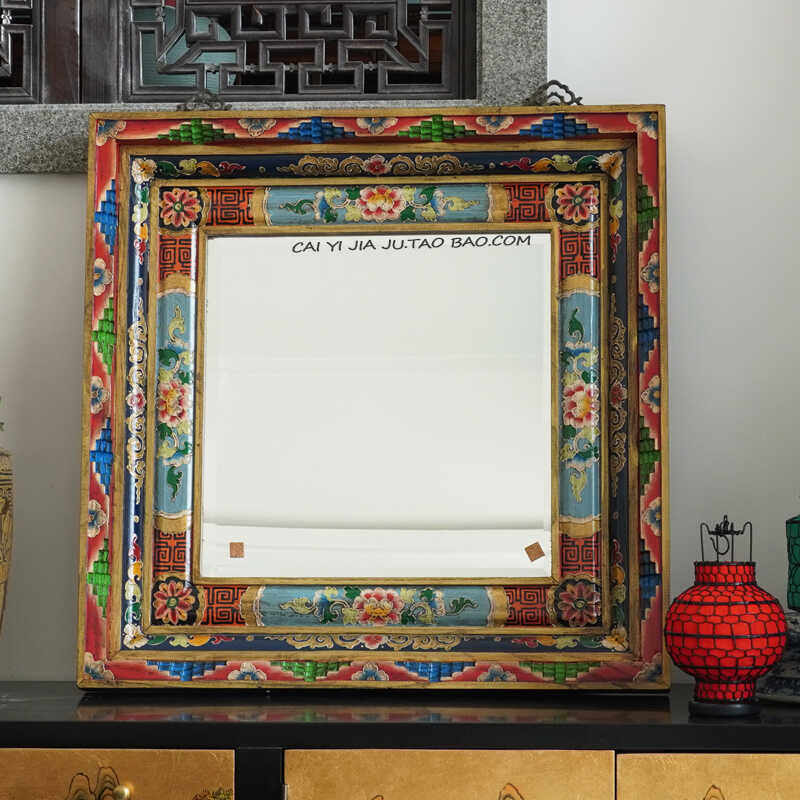 藏式手工彩绘实木框方形镜子尼泊尔复古装饰镜壁挂梳妆台化妆镜